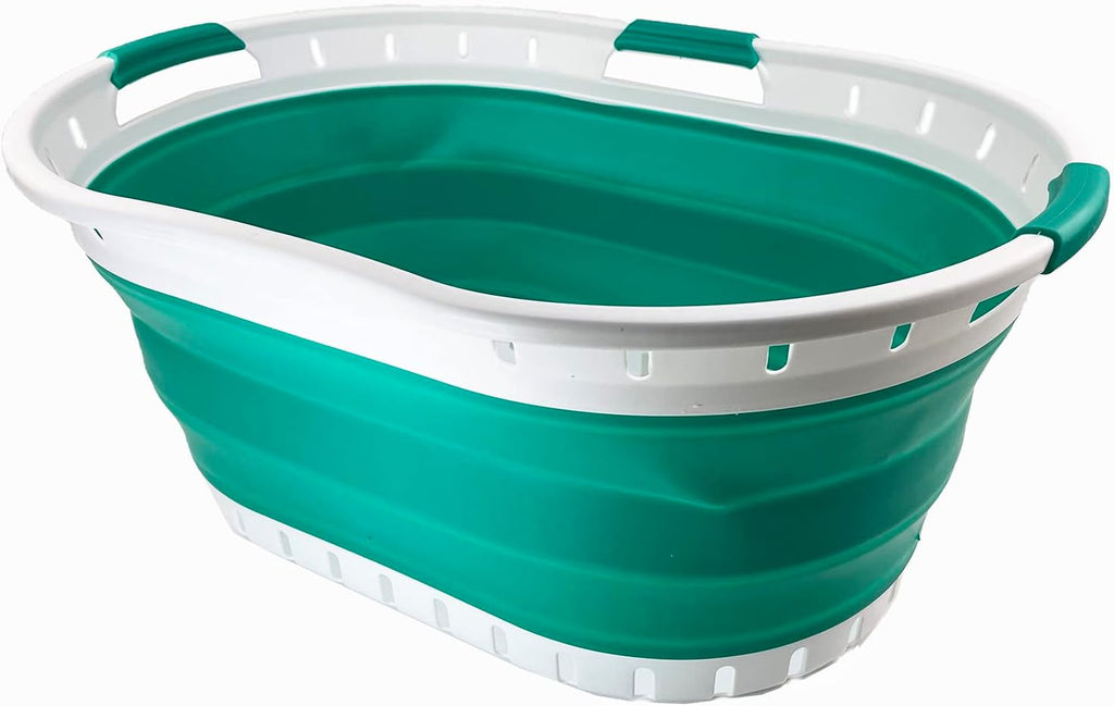SAMMART 44L (11.6 gallon) Collapsible Plastic Laundry Basket - Foldable Pop Up Storage Container/Organizer - Portable Washing Tub - Space Saving Hamper/Basket (1, White/Bluish-Green)