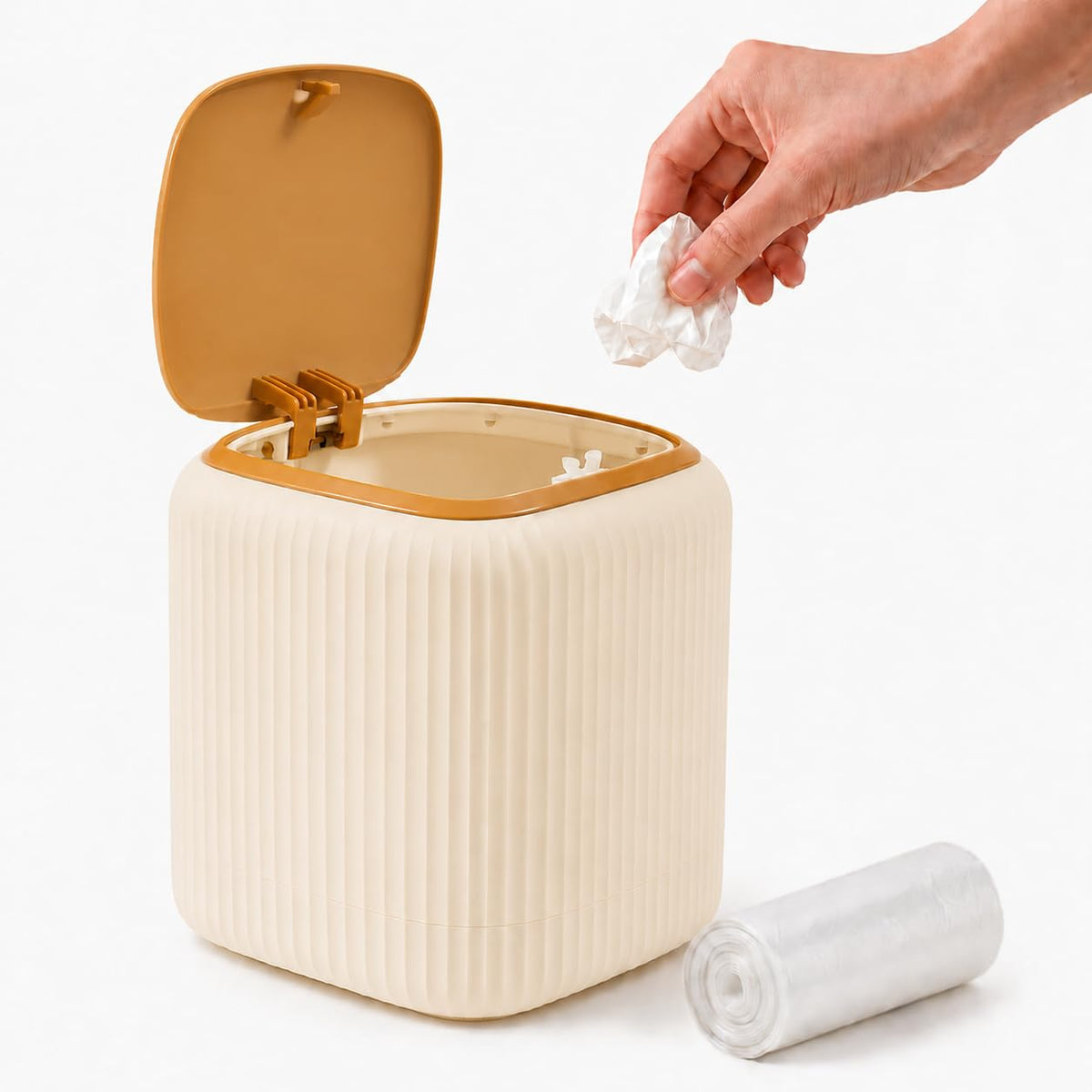 Mini Trash Can with Lid, Mini Desk Trash Can for Kitchen, Bedroom, Office, Mini Garbage Can for Countertop, Presh Top with 30 Trash Bags, Yellow