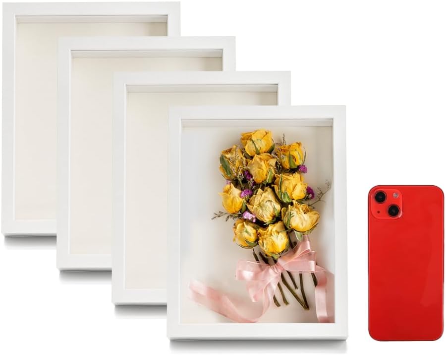Hacaroa 4 Pack Shadow Box Frame, 8''x6'' Wood Picture Frame Memory Display Case for Bouquets, Photos, Medals, Wall, Tabletop, White
