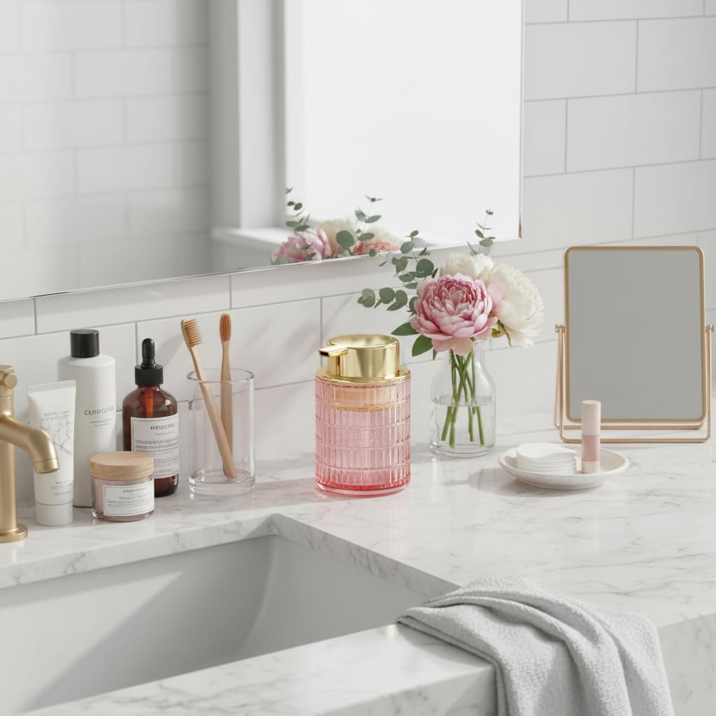 Foaming Soap Dispenser, Pink Glass Foam Soap Dispenser for Bathroom and Kitchen, 10 Oz Refillable Foaming Pump Bottle with Large Pump, Ribbed Bottle Container Decor