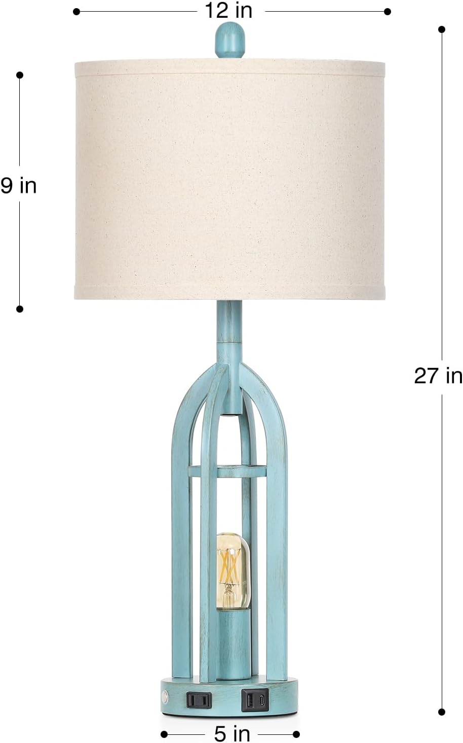 Cinyirong 27" Industrial Farmhouse Table Lamp,Vintage Rustic Blue Beside Lamp with USB A+C Charging Ports & AC Outlet, Metal Nightstand Lamp with LED Night Light for Bedrooms (2 LED Bulbs Included)