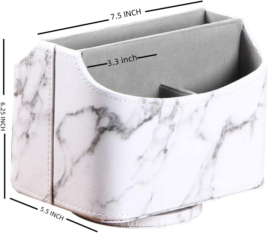 PU Leather Remote Control Holder,360 Degree Spinning Desk TV Remote Caddy,Desk Organizers and Accessories,for Controller,Media,Mail,Calculator,Mobile Phone,Pen Storage Holder(White Marble)