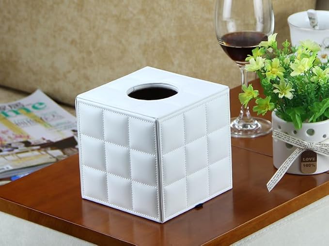 Square PU Leather Tissue Box Cover Holder with Magnetic Bottom(White Grid)