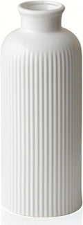 White Ribbed Ceramic Vase for Flowers, Modern Textured Decorative Vase, 10 Inch Tall, Farmhouse Style Home Decor (Matte Glaze White)