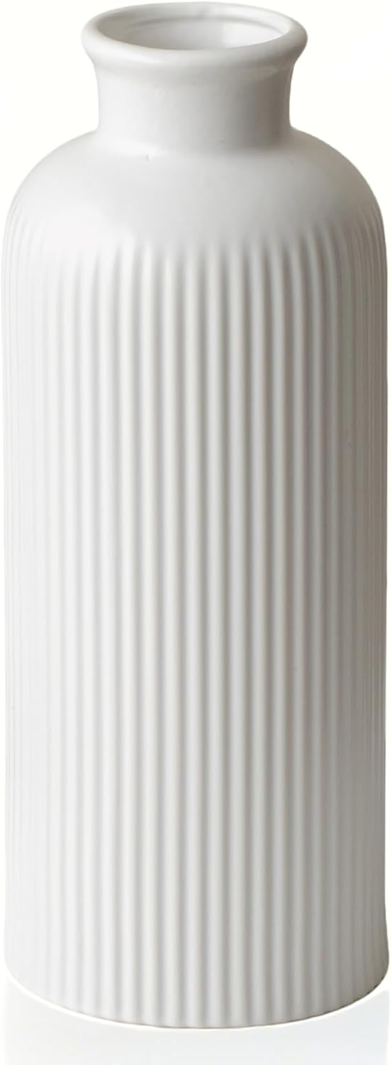 White Ribbed Ceramic Vase for Flowers, Modern Textured Decorative Vase, 10 Inch Tall, Farmhouse Style Home Decor (Matte Glaze White)