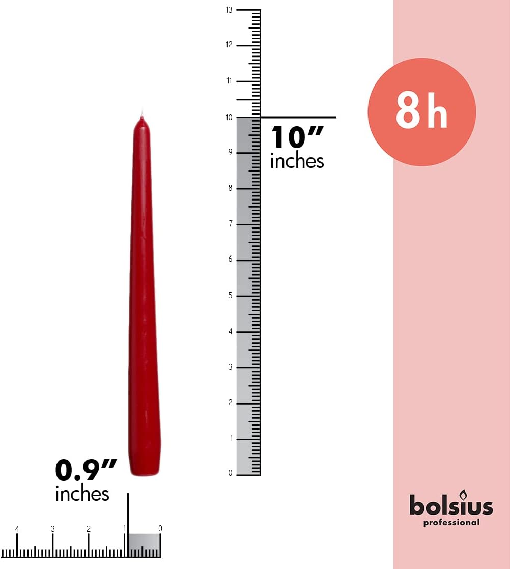 BOLSIUS Dark Red Taper Candles - 4 Pack Unscented 10 Inch Dinner Candle Set - 8 Hours Burn Time - Premium European Quality - Smokeless and Dripless Household Wedding, Spa, and Home Decor Candlesticks