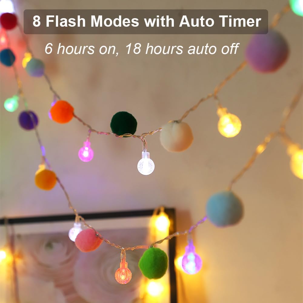 ChiRee 9.85FT String Lights with 20 Cute Pompoms 20 Colorful Bubble Ball LED Indoor String Lights Battery Operated with Timer for Home Bedroom Kids Playhouse Birthday Wedding Party Holiday Christma
