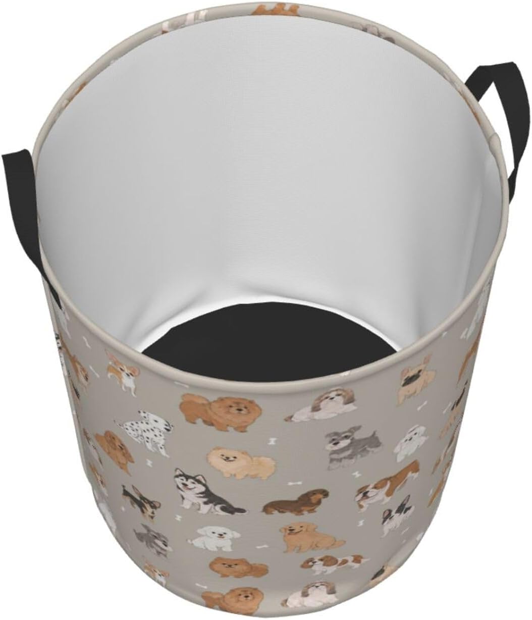 Cute Dog Animals Beige Round Laundry Hamper Storage Basket Toys Clothes Organizer Bin For Home Bathroom Bedroom Dorm Nursery, 62l