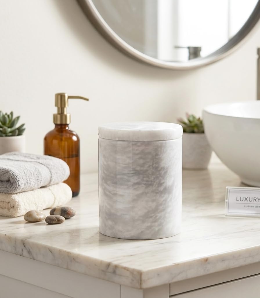 Marble Q-Tip Holder for Bathroom, White 4" Cotton Swab Canister