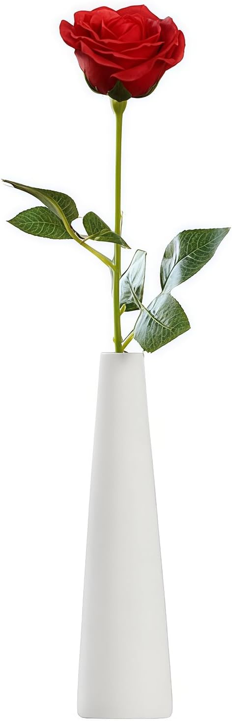 White Tall Conic Ceramic Flower Vase Decorative Floral Vase Taper Vase Table Top Small Narrow Neck Vases for Home Wedding Table Bedroom Living Room Office Desk