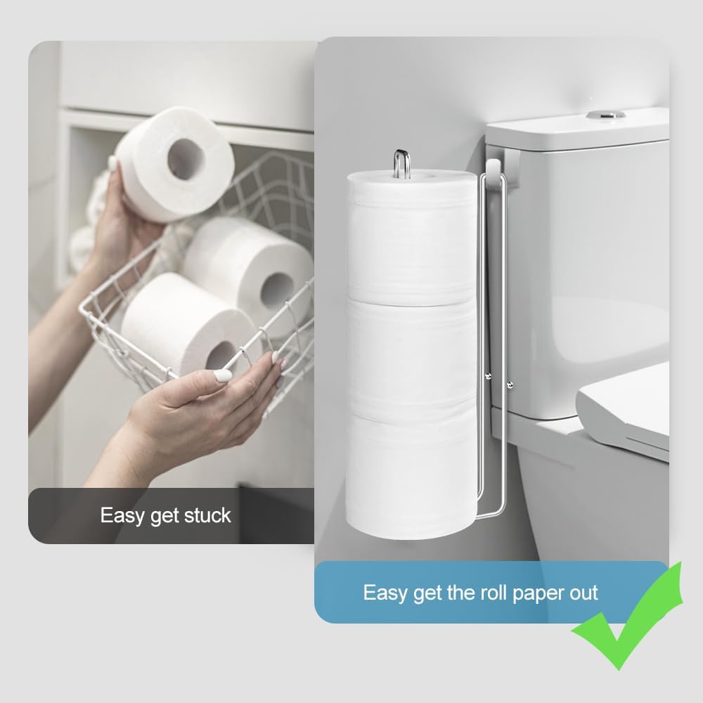 Silver Extra Toilet Paper Storage for 3 Roll Tissue Over The Tank Toilet Paper Roll Holder Stainless Steel Adhesive Hanging Toilets Tissue Holder Wall Mounted for Bathroom RV Camper(2 Pack)