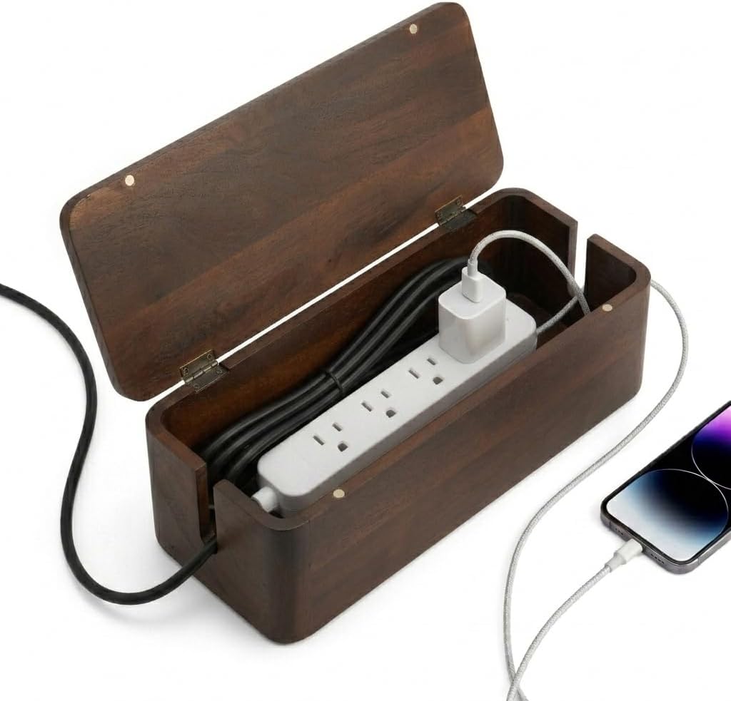 Cable Management Box – Power Strip Organizer – Desk Cord Organizer to Hide Wires & Chargers – Cable Storage Box for Home, Office Desk & Floor Cable Organization (Dark Walnut)
