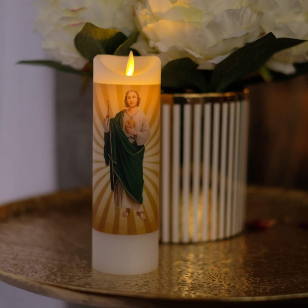 NONNO & ZGF Saint Judes Flameless Prayer Candle, Real Wax, Moving Wick, St Jude Devotion Battery Operated Candles with Remote Timer Function, Bright Flicker Light