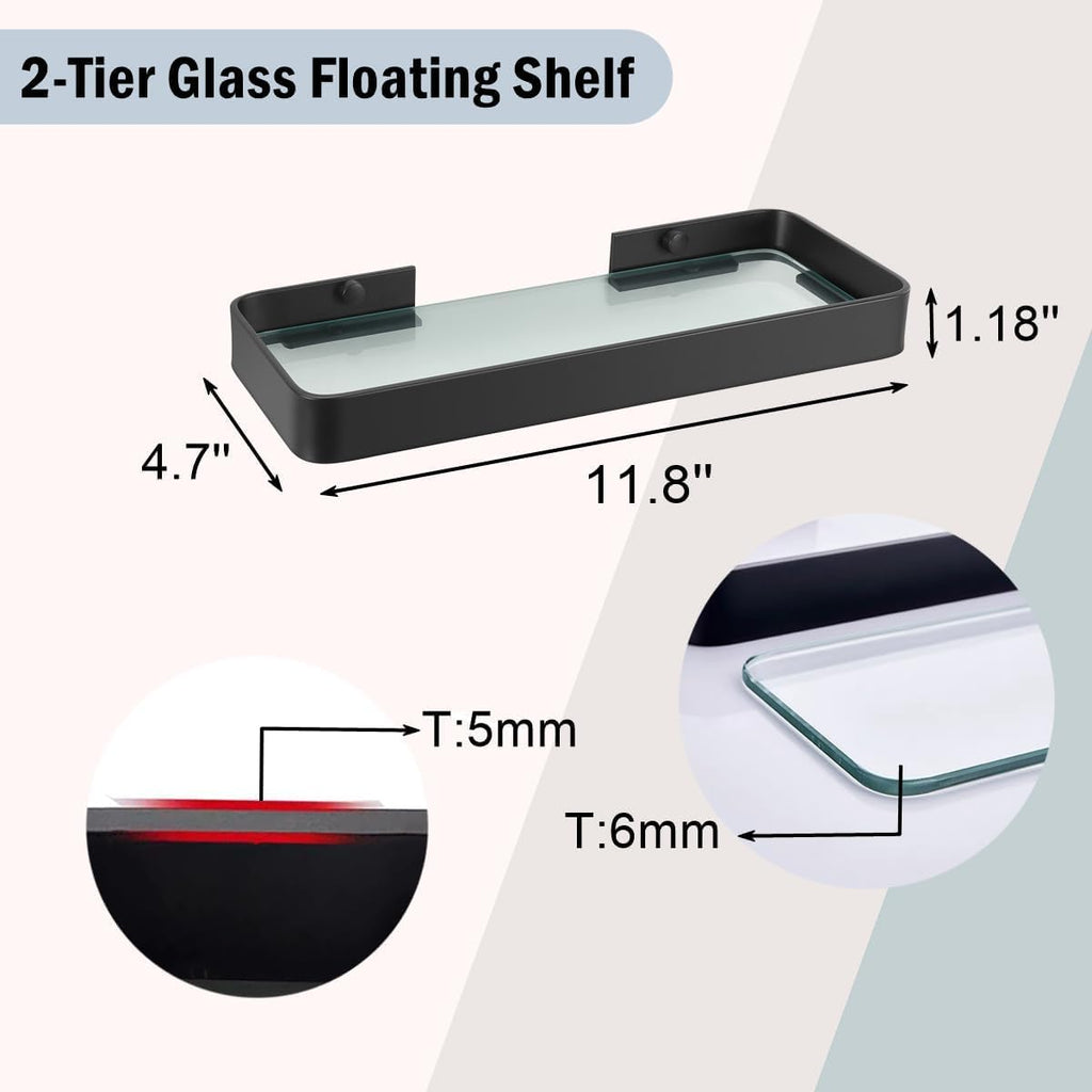 Z metnal Small Glass Bathroom Shelves, Matte Black Floating Shelf Wall Shelf Organizer, Wall Mounted (Clear Glass, 11.8 Inch)