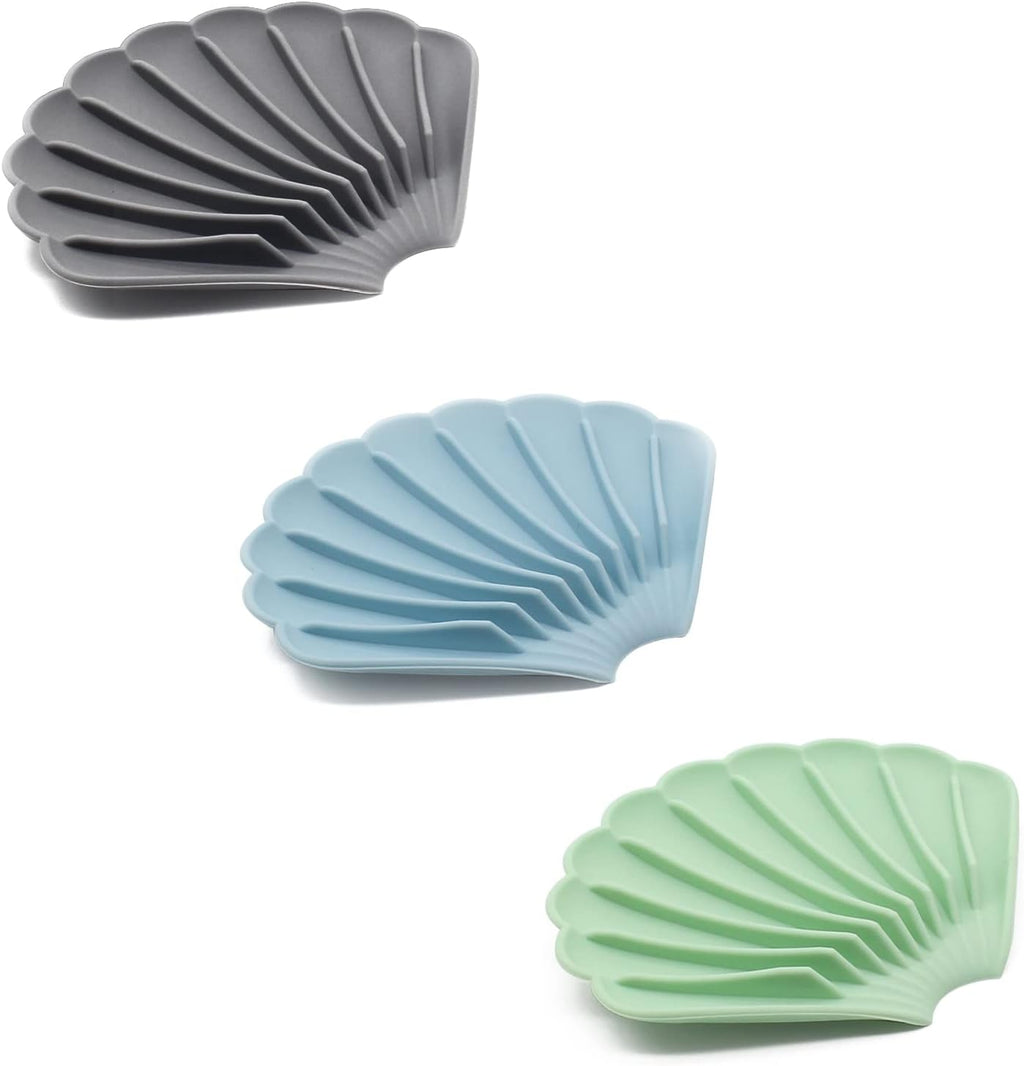 3 Pcs Soap Dishes with Drain, Shell Shape Silicone Self Draining Soap Tray Bar Soap Holder for Bathroom Shower Kitchen (Blue, Green, Grey)