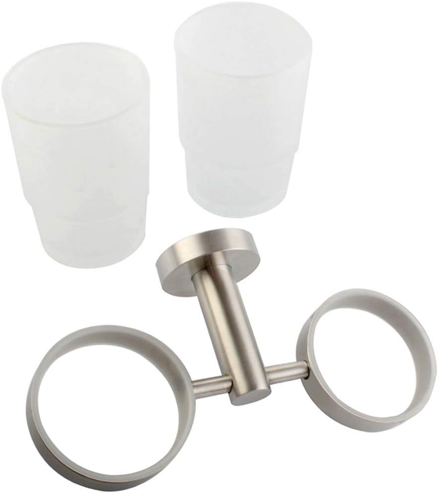 Angle Simple Double Toothbrush Holder Brushed Nickel, 2 Frosted Glass Cups