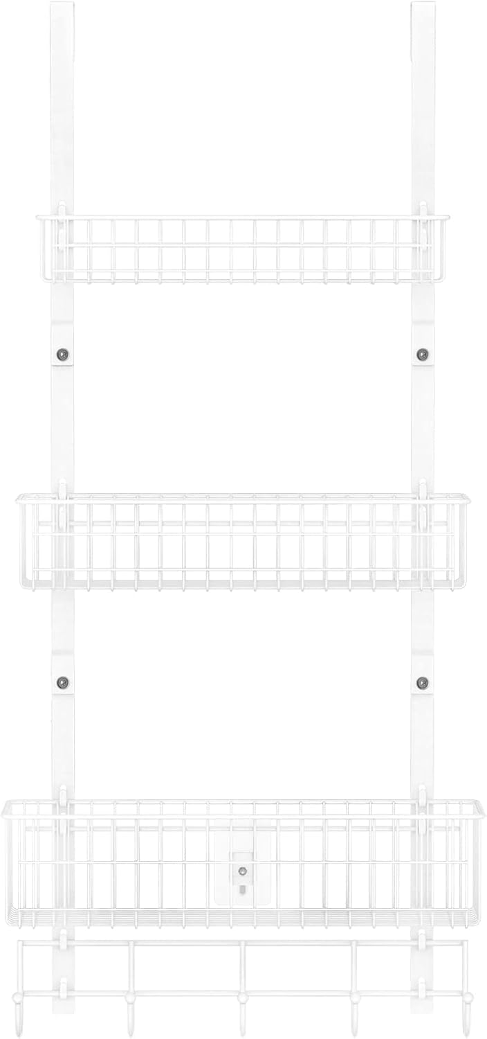 ETELI Over The Door Storage Organizer with 3 Mesh Baskets and 5 Hooks Heavy Duty Pantry Door Organizer Back of Door Storage Rack for Bathroom, Kitchen, Office, White