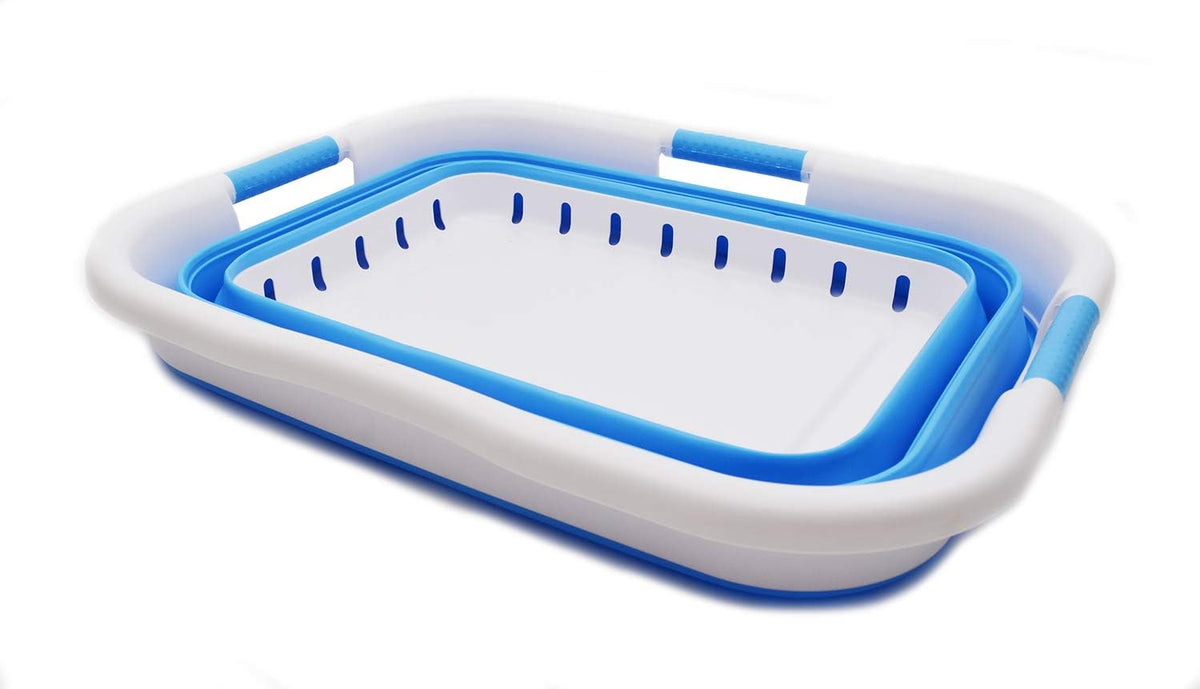 SAMMART 41L Collapsible 3 Handled Plastic Laundry Basket - Foldable Pop Up Storage Container/Organizer - Portable Washing Tub - Space Saving Hamper/Basket (3 handled rectangular, Dark Blue)