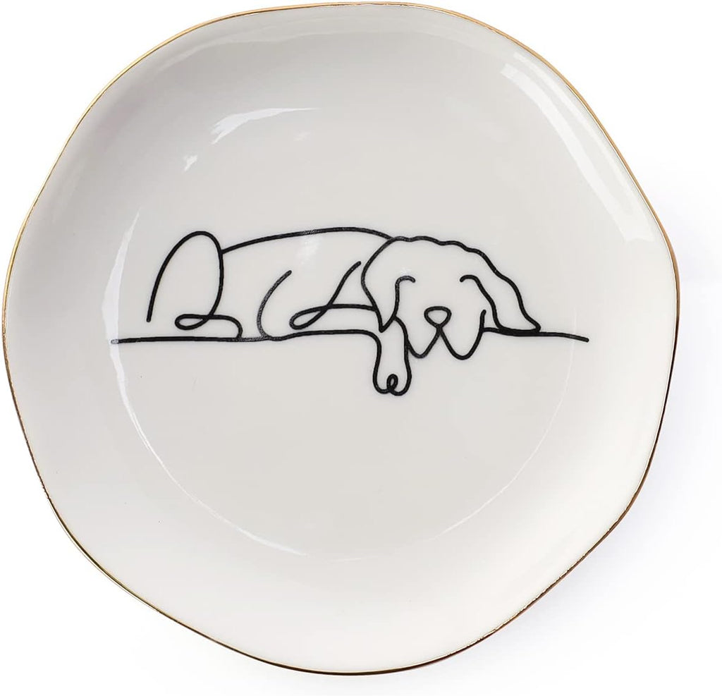 HOME SMILE Sleeping Dog Ring Dish Jewelry Tray, Christmas Gifts for Dog Mom, Ceramic White, 4"