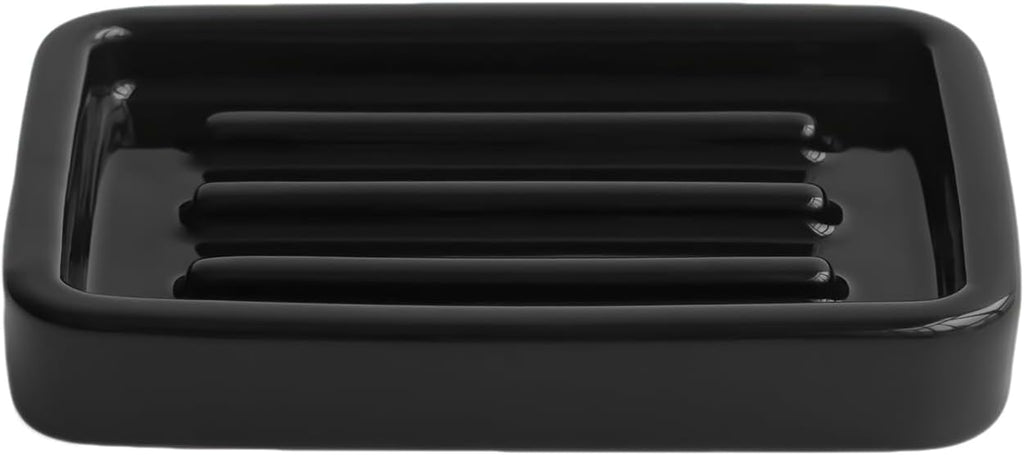 Shiny Ceramic Soap Dish with Raised Ridges, Rectangle Soap Tray, Decorative Soap Holder for Bathroom Counter, Shower and Kitchen Sink, Black