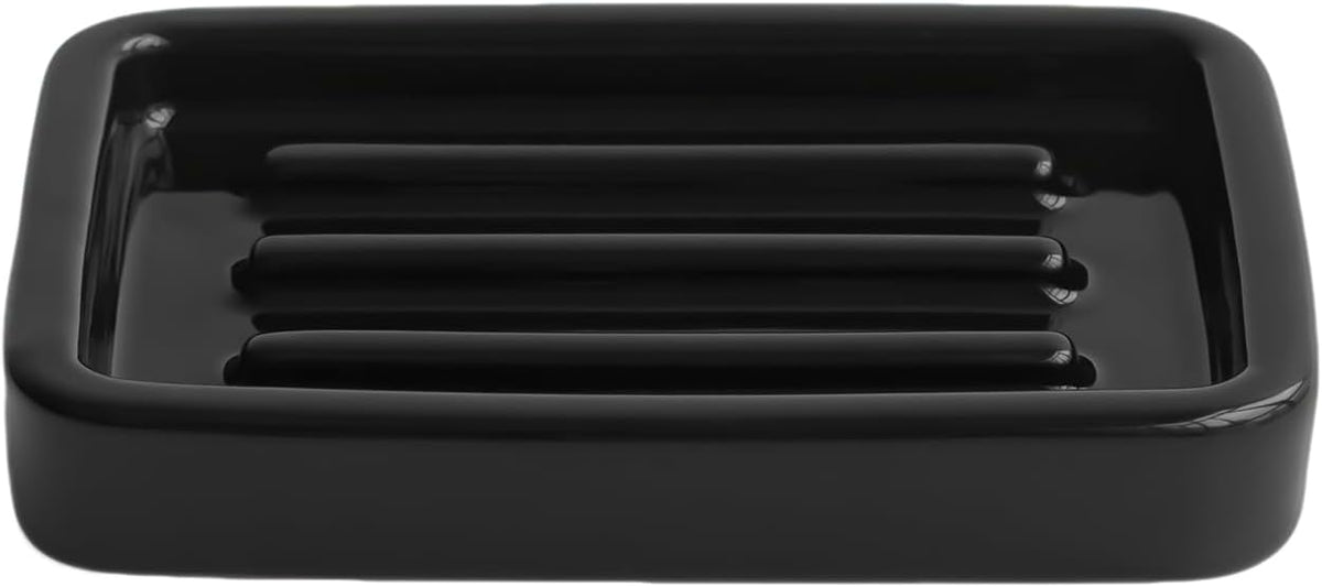 Shiny Ceramic Soap Dish with Raised Ridges, Rectangle Soap Tray, Decorative Soap Holder for Bathroom Counter, Shower and Kitchen Sink, Black