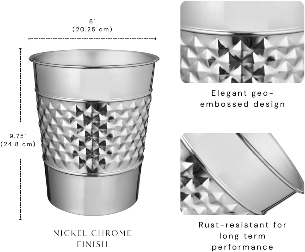 Monarch Abode Metal Bathroom Trash Can – Waste Basket for Bedroom, Office Desk, & Dorm, Handcrafted Geo Embossed, Durable Decorative Nickel Chrome Small Trash Can Bathroom Garbage Bin Wastebasket