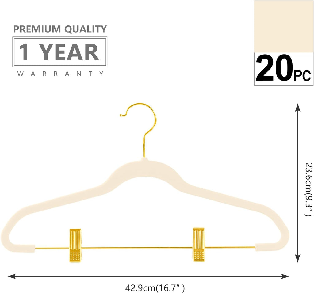MIZGI Premium Velvet Pants Hangers with Adjustable Clips (Pack of 20) Slim Skirt Hangers- Non Slip Felt Outfit Dress Hangers Ivory - Gold Hooks,Space Saving Shirt Clothes Hangers