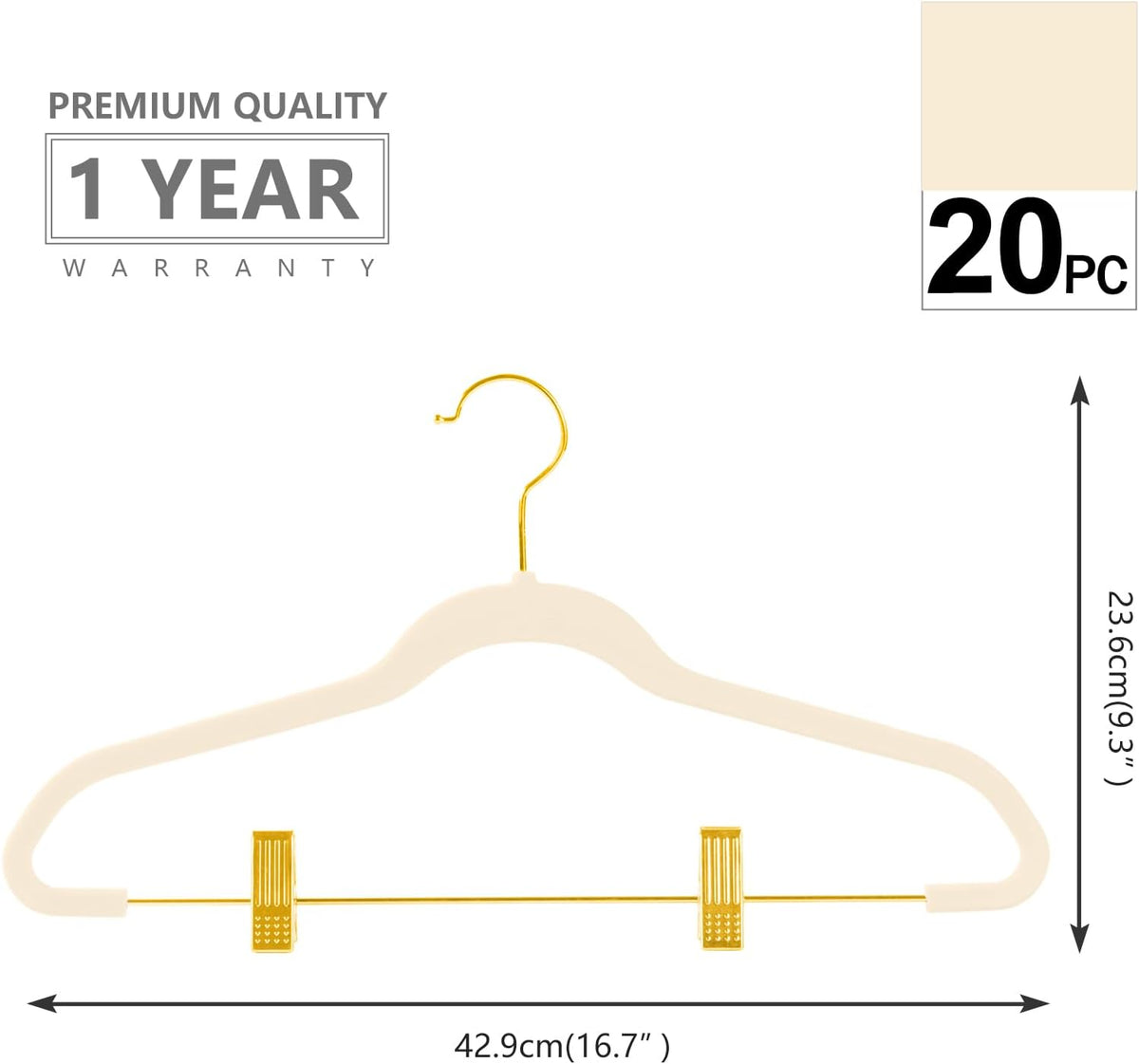 MIZGI Premium Velvet Pants Hangers with Adjustable Clips (Pack of 20) Slim Skirt Hangers- Non Slip Felt Outfit Dress Hangers Ivory - Gold Hooks,Space Saving Shirt Clothes Hangers