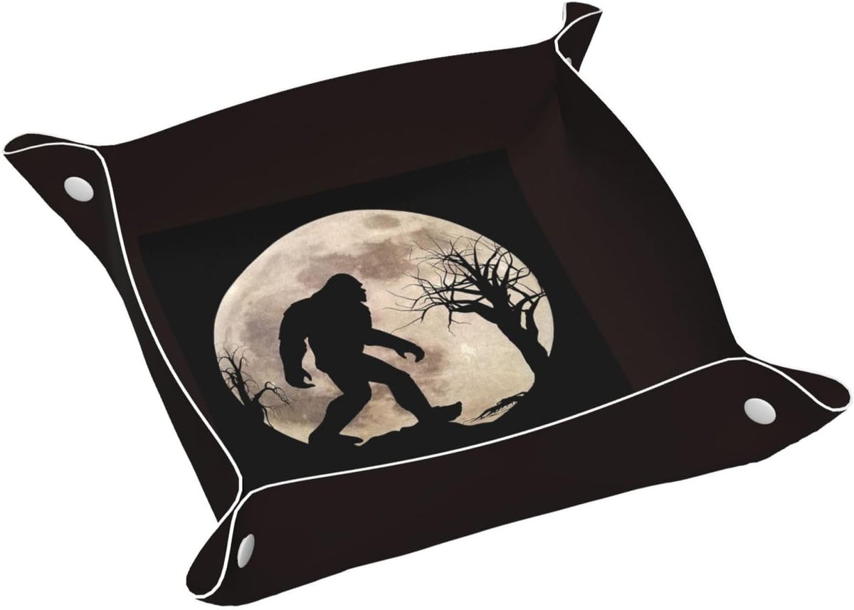 Decorative Bigfoot Sasquatch Full Moon Leather Vanity Tray Desktop Storage Organizer, Reddish Brown Square Foldable Sturdy Leather Tray for Keys Phone Wallet Coin Jewelry, S