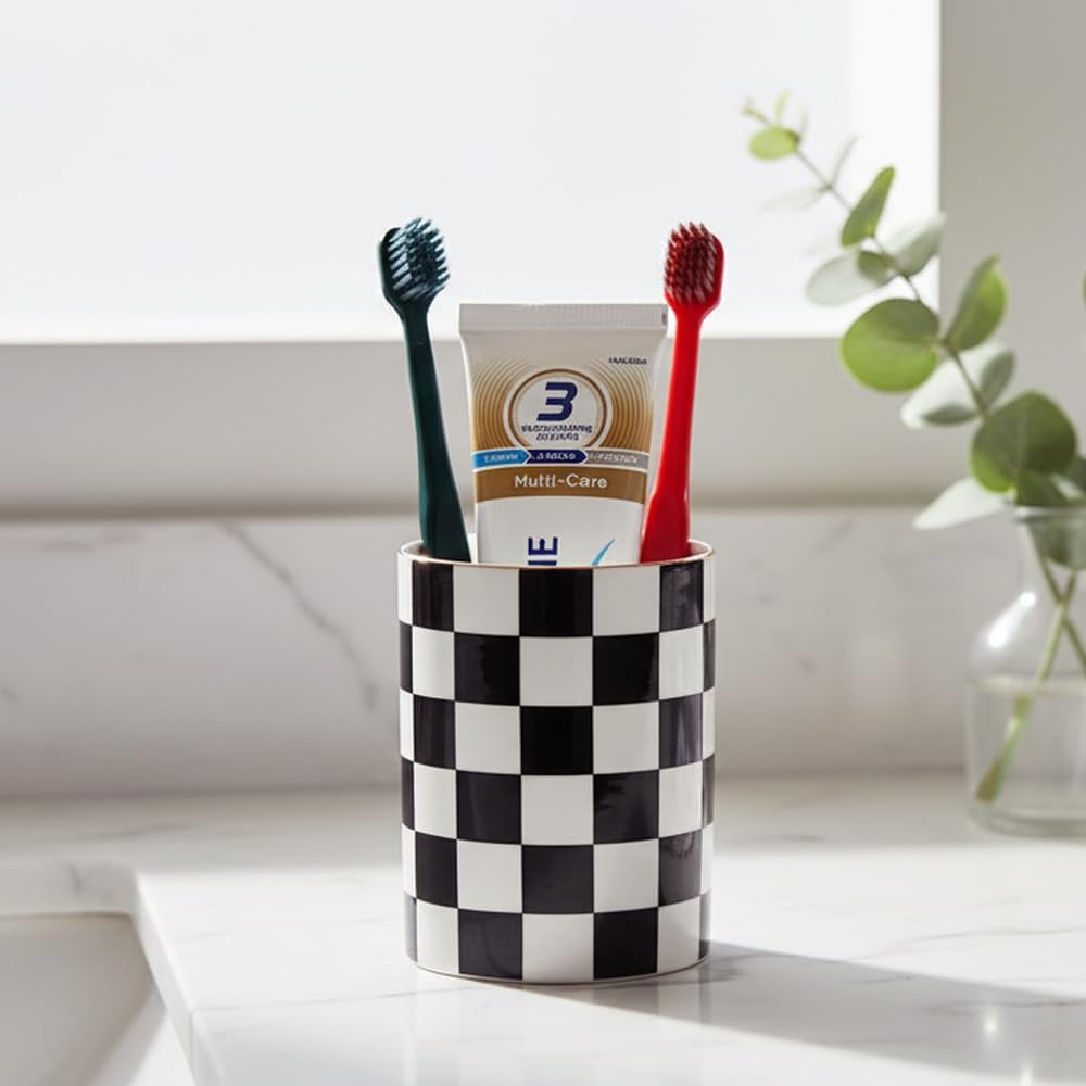 Ceramic Toothbrush Holder Toothpaste Holders, Cute Bathroom Tumbler Cups Reusable,Checkered Bathroom Counter Decor Organizer, Makeup Brush Holder,Pen Holder (Black)