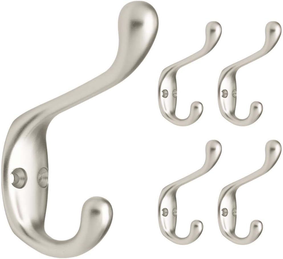 Franklin Brass Heavy Duty (5-Pack) Coat and Hat Wall Hooks Double Hooks for Hanging Matte Nickel Wall Mount Hanger Backpack, Purse, Bag, Towel Organization Decorative Wall Hooks FBCHH5-MN-C