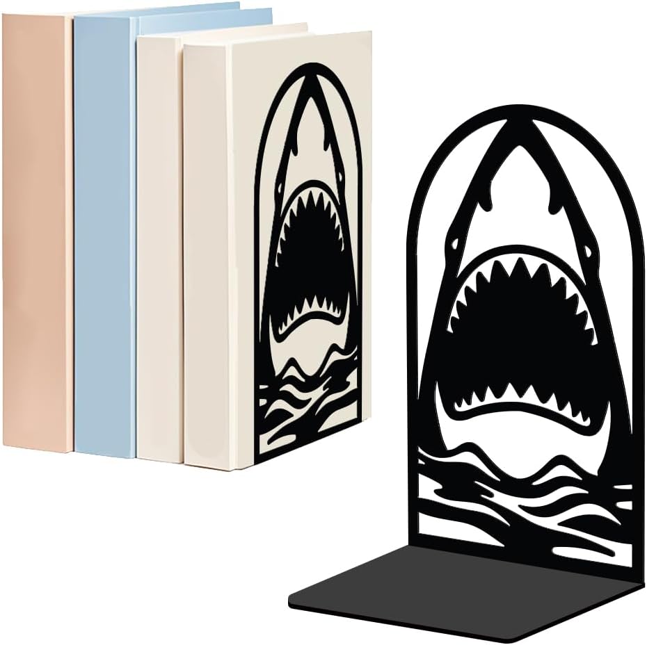 WADORN 1 Pair Metal Bookends for Shelves, Shark Head Heavy Duty Book Ends