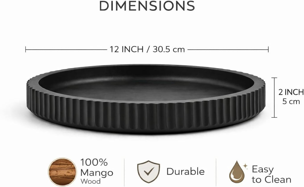 Mango wood fruit bowl, 12" wide X 2" high Large Fruit bowl for kitchen counter |Black Wooden bowl for entryway table or dining table centerpiece décor | Also use as keybowl or for candy (Black)