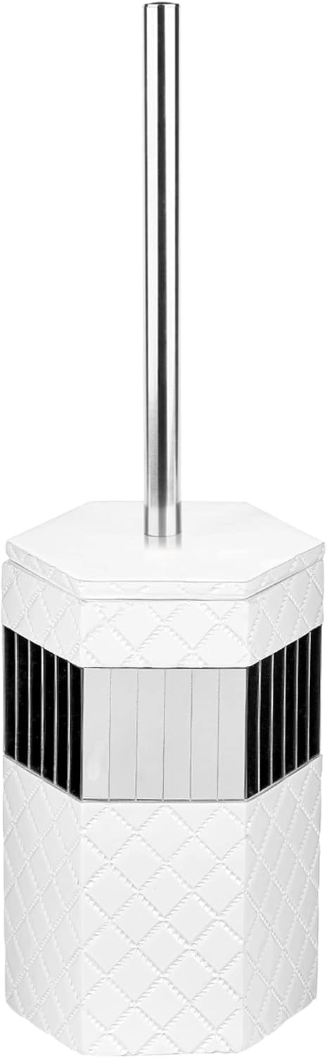 Creative Scents Quilted Mirror Bathroom Toilet Brush Set - White Toilet Bowl Brush and Holder - Good Grip Toilet Bowl Cleaner Brush and Holder - Decorative Compact Toilet Bowl Scrubber