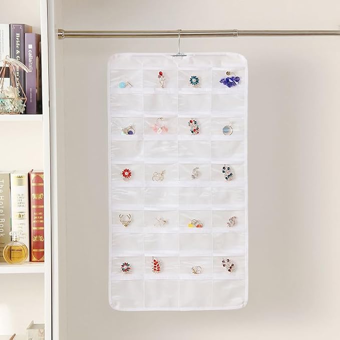Hanging Jewelry Organizer, Dual Sided Closet Earring Storage with Hanger, 80 Clear Pockets Storage for Jewelry Necklaces, Bracelets (White)