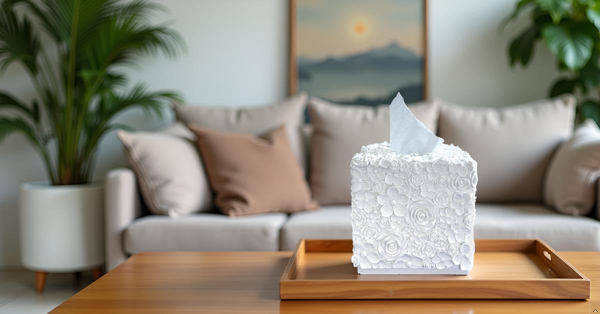 Square Tissue Box Cover Decorative Kleenex Box Holder for Bathroom & Living Room with Handcrafted Texture (Rose White)