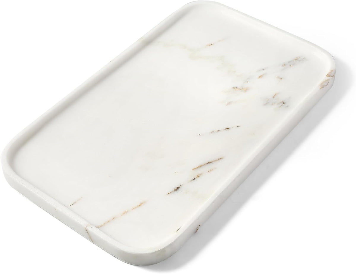 Karibiber Calacatta Vanity Tray, 14 in Marble Stone Bathroom Tray for Countertop, Golden Marble Decorative Perfume Tray for Dresser, Large Nightstand Tray, Storage Tray for Coffee Table