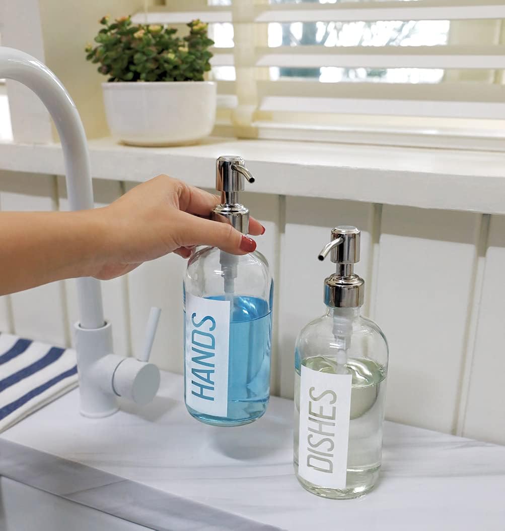 JASAI 2Pack 18OZ Glass Soap Dispenser with Hands & Dishes Printed Label.