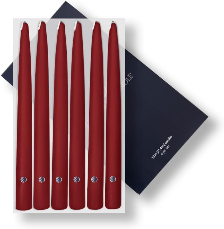 Colonial Candle Unscented Taper Candle, Handipt Collection, Traditional Cranberry, 10 in, Pack of 6 Candlesticks - Up to 8 Hours Burn