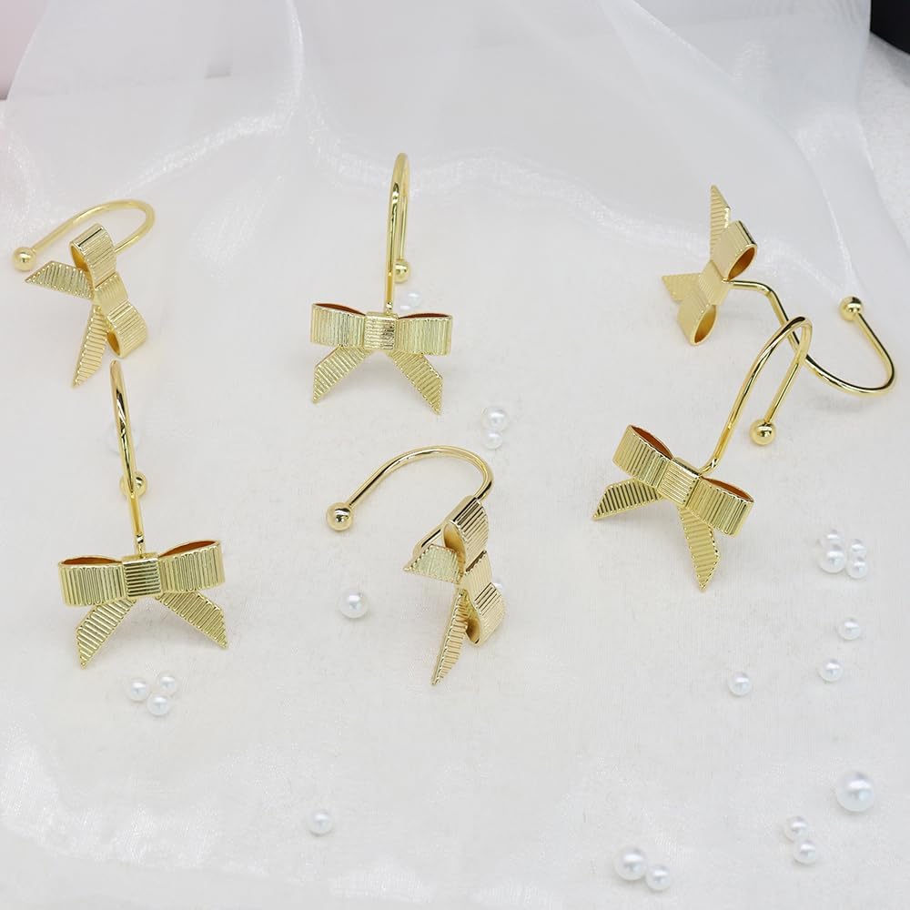 Decorative Shower Curtain Hooks, Luxury Bowknot Shower Curtain Rings, Modern Bow Shower Curtain Hangers, 12PCS Shower Hooks for Home Decor, Bathroom, Bedroom, Living Room (Gold)