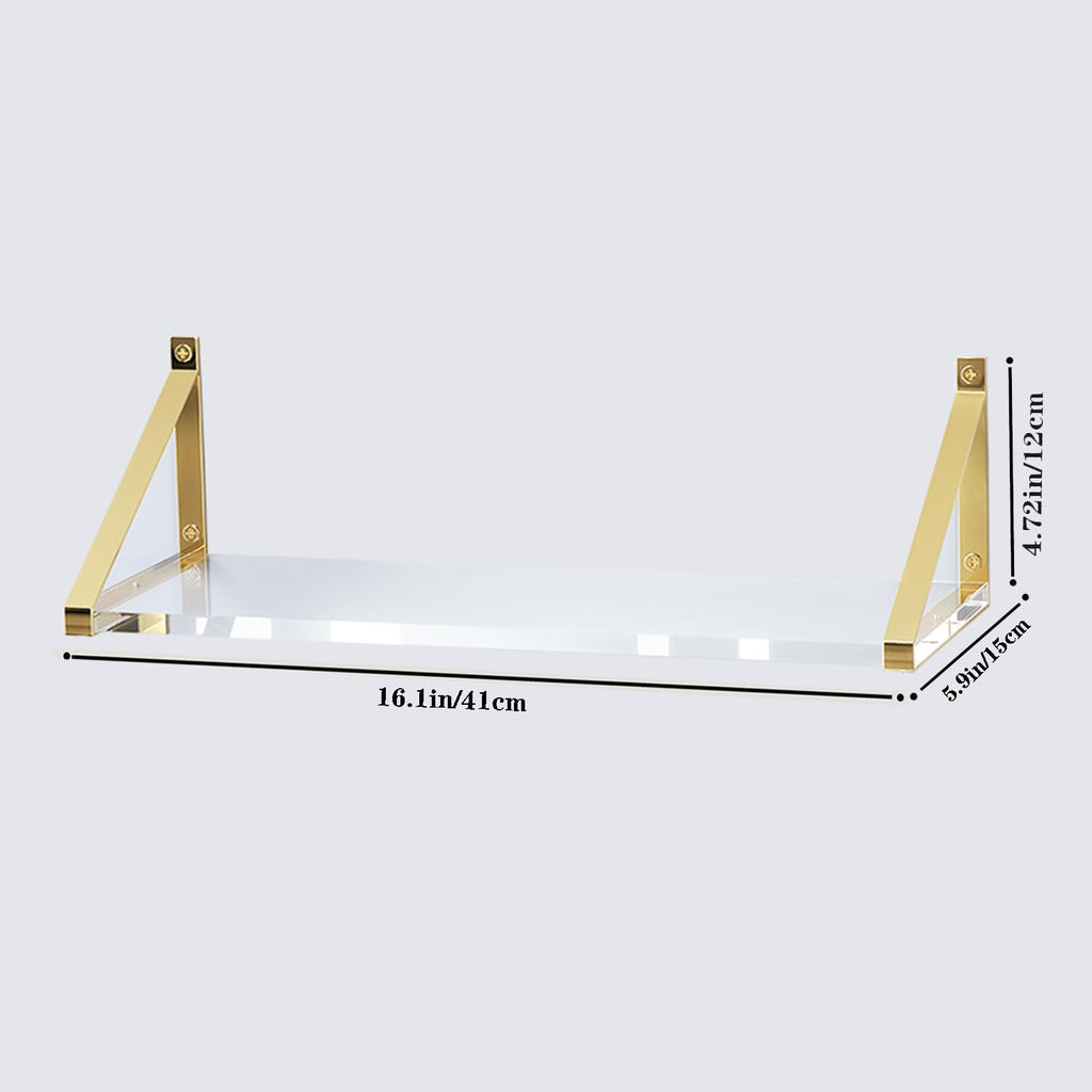Gold Floating Shelves Crystal-Clear Acrylic Floating Shelves,Sturdy Thickness 10mm(0.4inch) Acrylic Shelves for Wall Decor,Gold Shelving for Living Room Decor Set of 3.