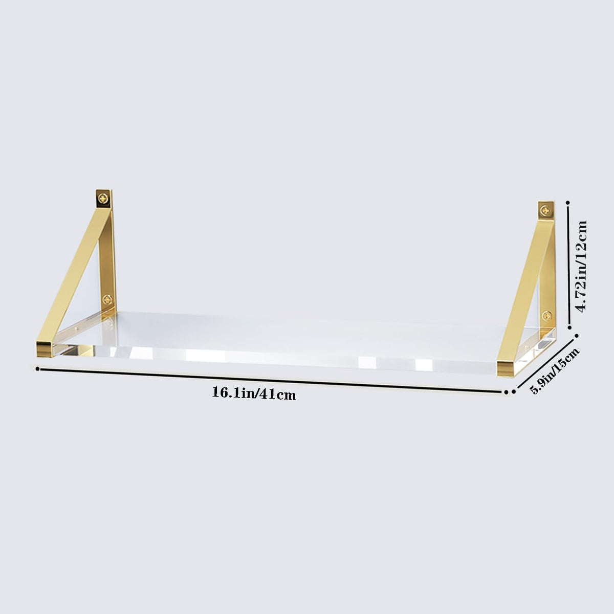 Gold Floating Shelves Crystal-Clear Acrylic Floating Shelves,Sturdy Thickness 10mm(0.4inch) Acrylic Shelves for Wall Decor,Gold Shelving for Living Room Decor Set of 3.