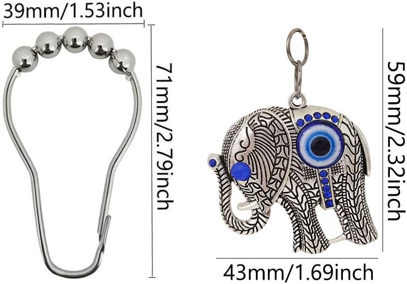 Decorative Elephant Shower Curtain Hooks Rings for Bathroom, Rust Proof Stainless Steel Curtain Ring Set of 12 with Unique Pendant Blue Eye Beads Elephant Theme Bathroom Decor Accessories