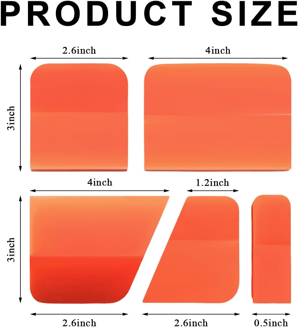 KVAEY 5 in 1 Rubber Squeegee Kit, Anti-Scratch Flexible Soft Matte TPU Coating Scraper Kit, Small Tint Squeegee Water Blade Scraper for Paint Protection Film Household Cleaning (Orange)