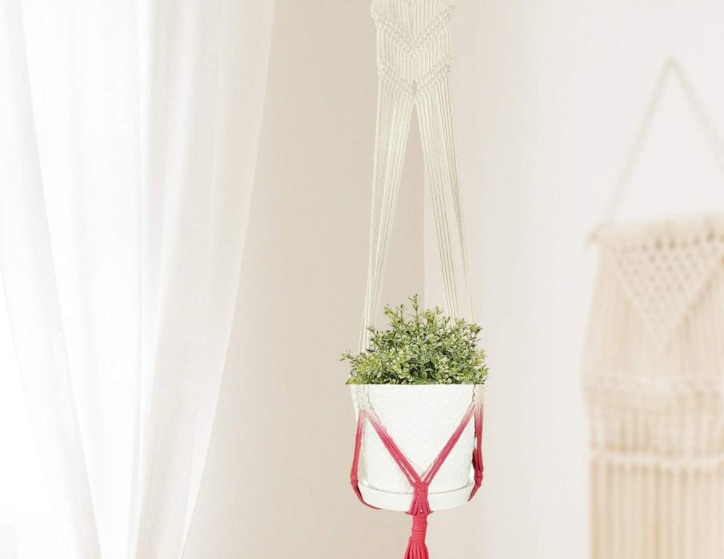 LIVALAYA Macrame Plant Hangers Wall Planter - Red Ombre 48 Inch, for Indoor or Outdoor, 100% Cotton Rope Hanging Plant Holder with Tassel for Flower Pots and Succulents - Modern Boho Home Décor