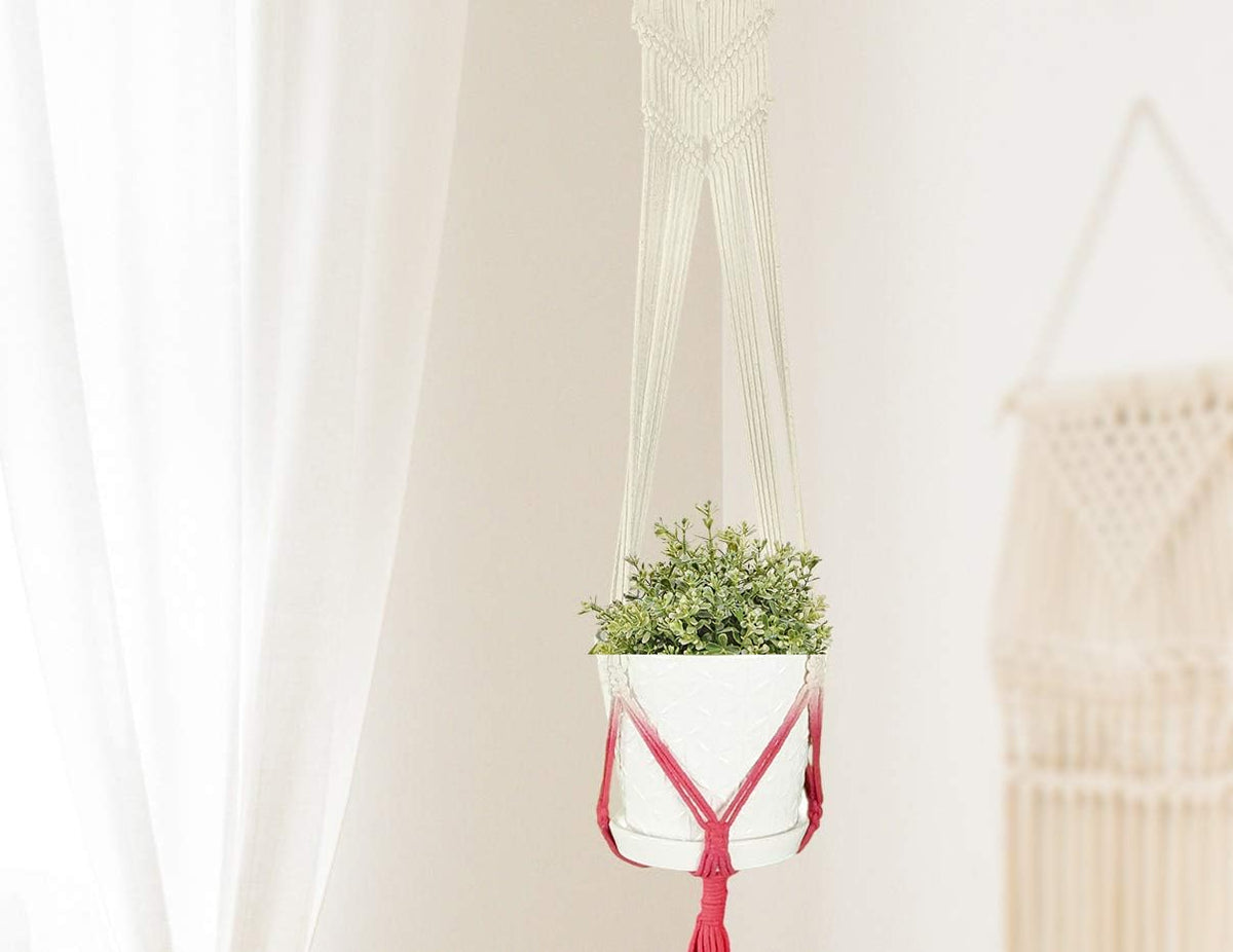 LIVALAYA Macrame Plant Hangers Wall Planter - Red Ombre 48 Inch, for Indoor or Outdoor, 100% Cotton Rope Hanging Plant Holder with Tassel for Flower Pots and Succulents - Modern Boho Home Décor