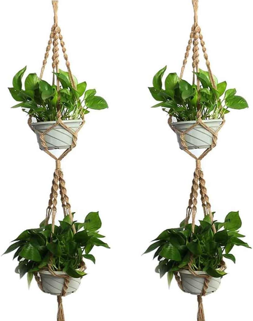2 Pcs Macrame Plant Wall Hanging Hanger Double Tier Planter Holder Jute Rope, 55 Inch