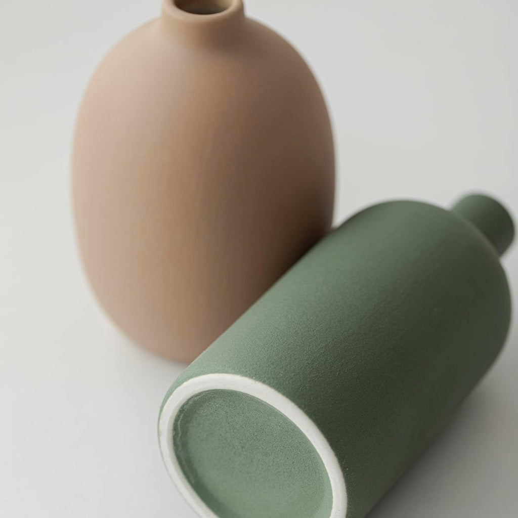 Modern Ceramic Vase Set, Neutral Colors, Decorative Vases for Home Decor, 4 Piece Collection (Green Mix Set 4)