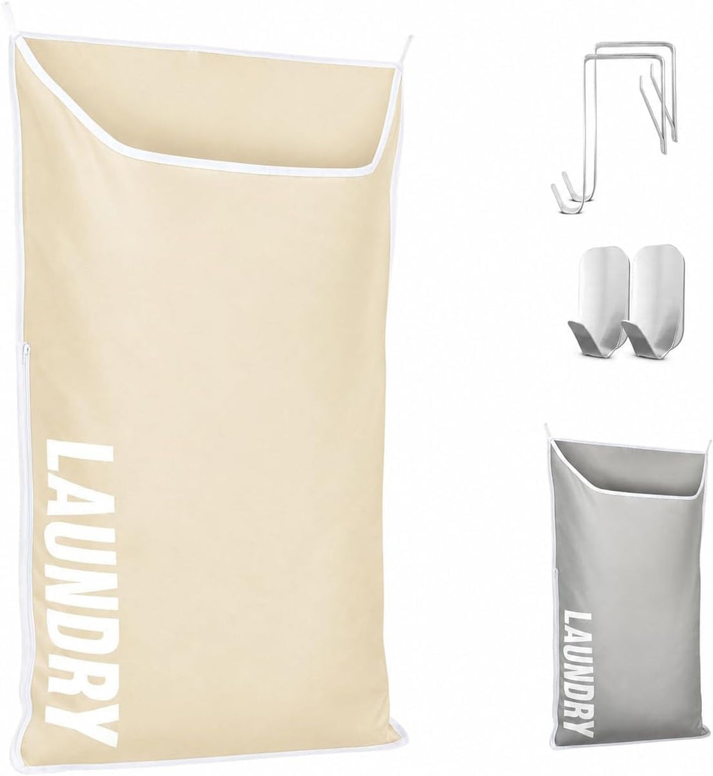 Hanging Laundry Hamper Bag,Space Saving over the Door Storage Bags – Behind the Door Hampers for Dirty Clothes, Wall Mounted Basket for Bathroom (Beige, 1-Pack)
