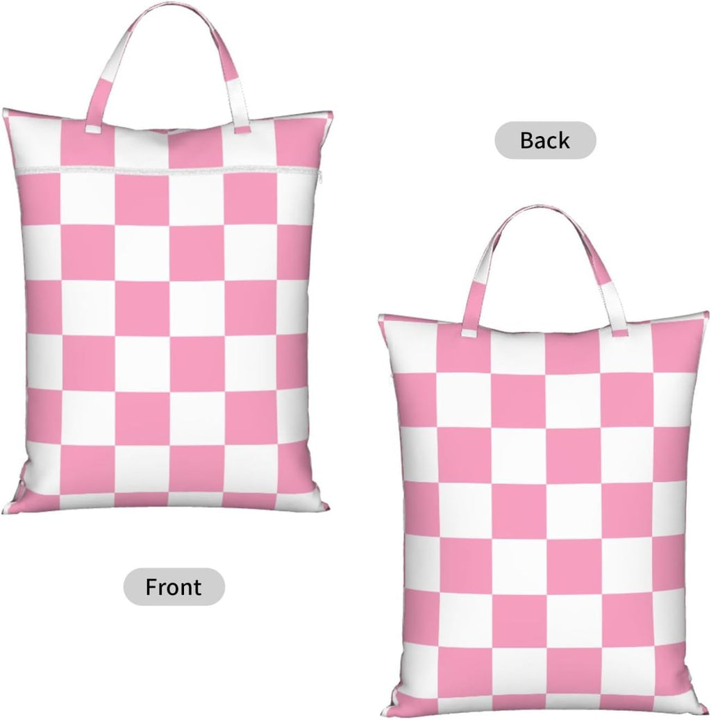 "pink and white checkerboard plaid 2-Pack Travel Laundry Bags for Dirty Clothes- Large Waterproof Laundry Tote, Wet & Dry Use, Reusable Foldable Carry Handles for Vacation, Gym & Dorm"